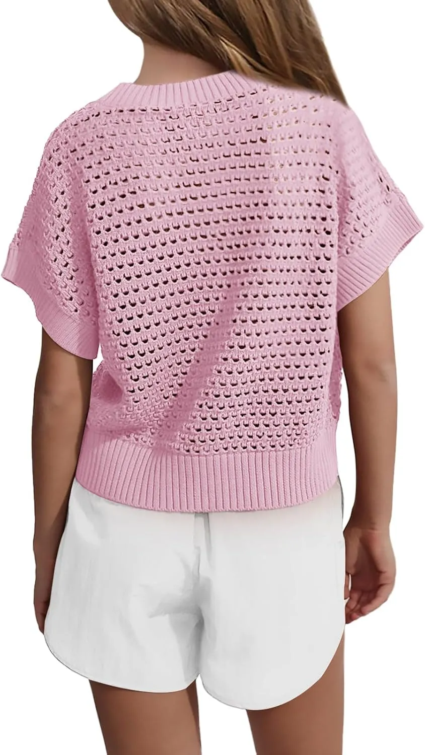 Haloumoning Girls Short Sleeve T Shirt Crewneck Knit Crop Top Hollow Out Pullovers Sweater 5-14 Years