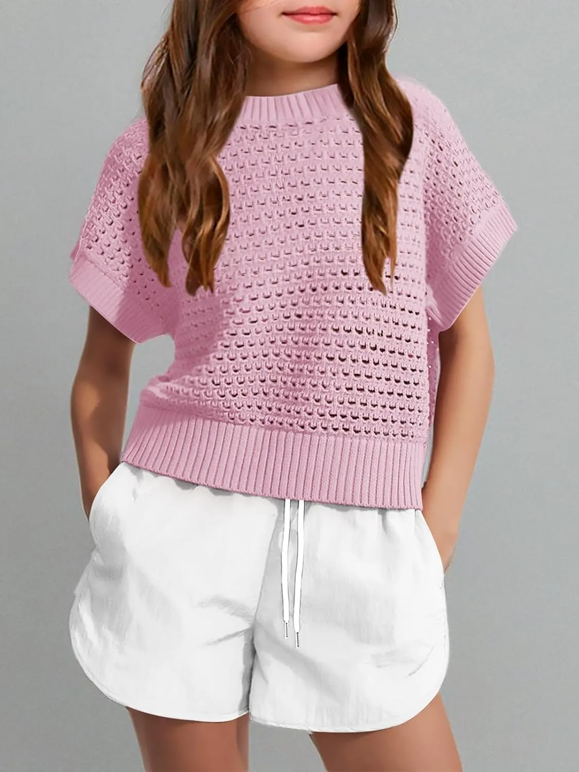 Haloumoning Girls Short Sleeve T Shirt Crewneck Knit Crop Top Hollow Out Pullovers Sweater 5-14 Years
