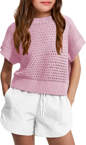Haloumoning Girls Short Sleeve T Shirt Crewneck Knit Crop Top Hollow Out Pullovers Sweater 5-14 Years