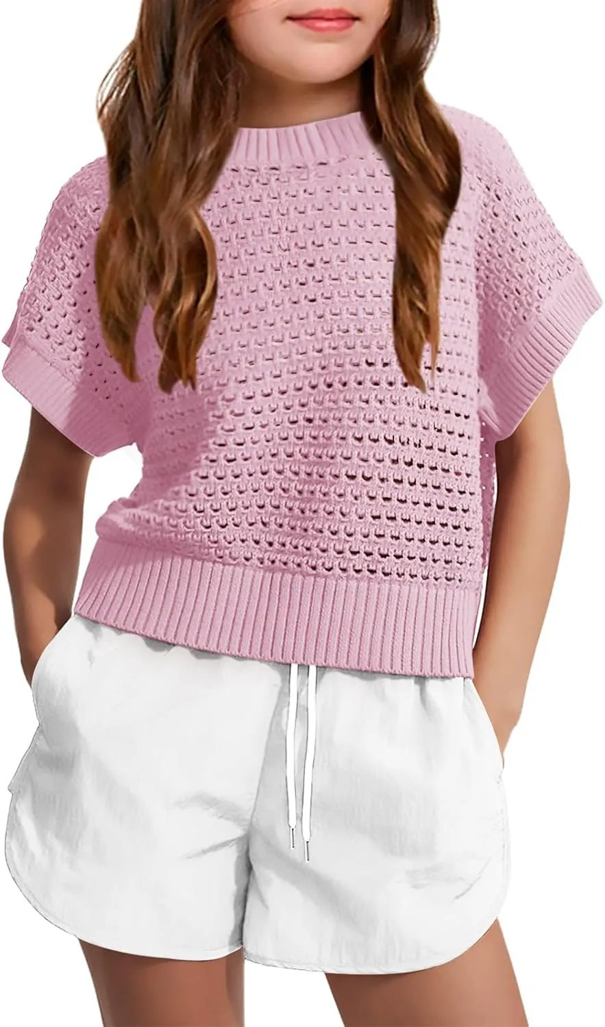 Haloumoning Girls Short Sleeve T Shirt Crewneck Knit Crop Top Hollow Out Pullovers Sweater 5-14 Years