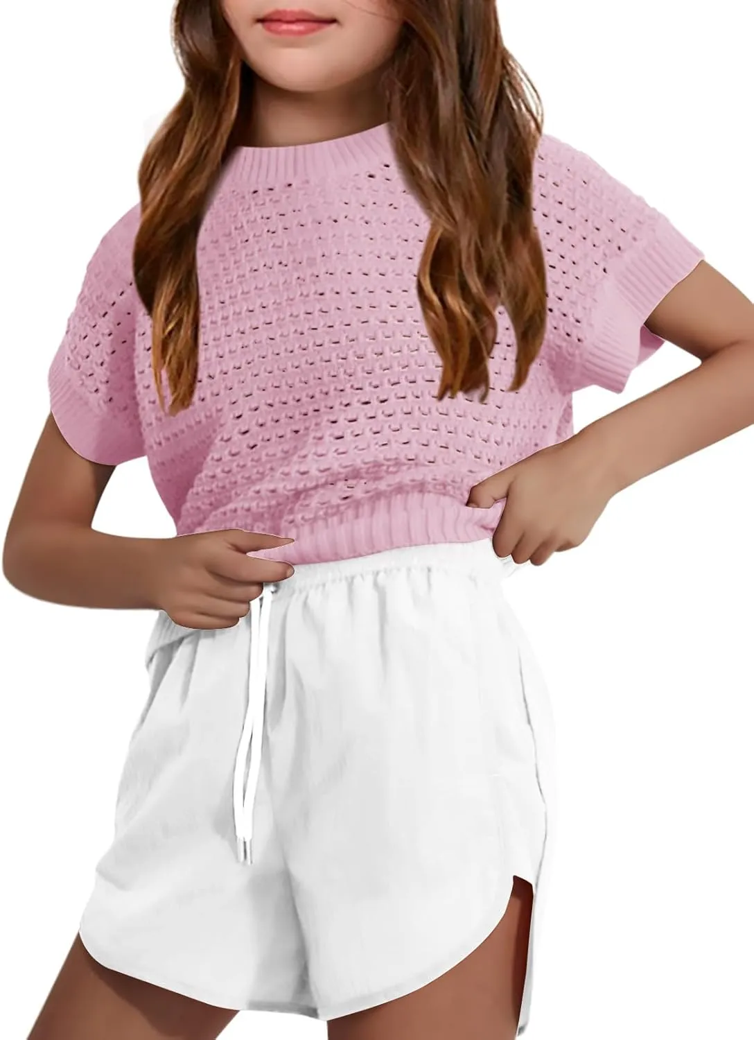 Haloumoning Girls Short Sleeve T Shirt Crewneck Knit Crop Top Hollow Out Pullovers Sweater 5-14 Years