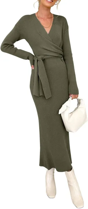 Happy Sailed Womens Knit Dress Spring Long Sleeve Wrap V Neck Tie Waist Ribbed Sweater Dresses