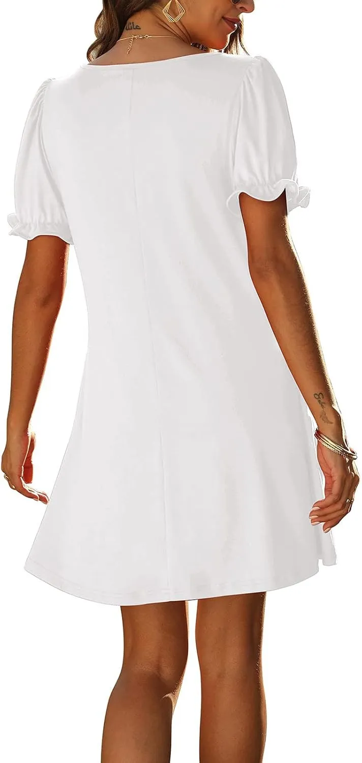 HGps8w Women's 2025 Casual Summer Dresses Cute Ruffle Hem V Neck Short Sleeve Solid Color A-Line Beach Sundress with Pockets