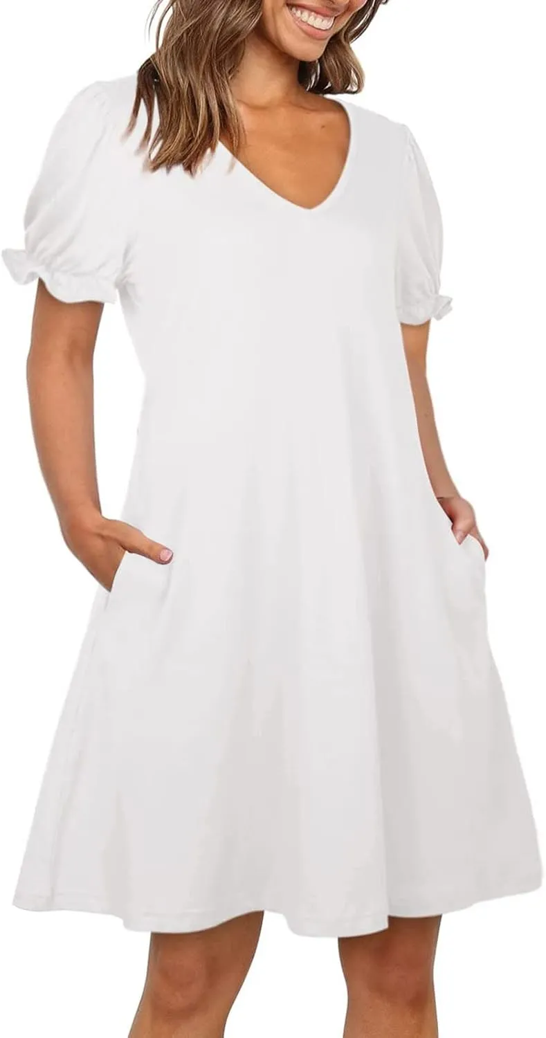 HGps8w Women's 2025 Casual Summer Dresses Cute Ruffle Hem V Neck Short Sleeve Solid Color A-Line Beach Sundress with Pockets
