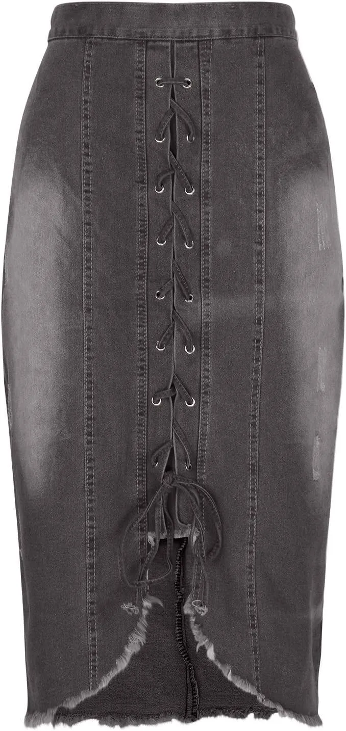 HGps8w Women's Laceup Slit Front Bodycon Denim Skirts, Vintage High Waisted Washed Casual Midi Skirt with Pockets