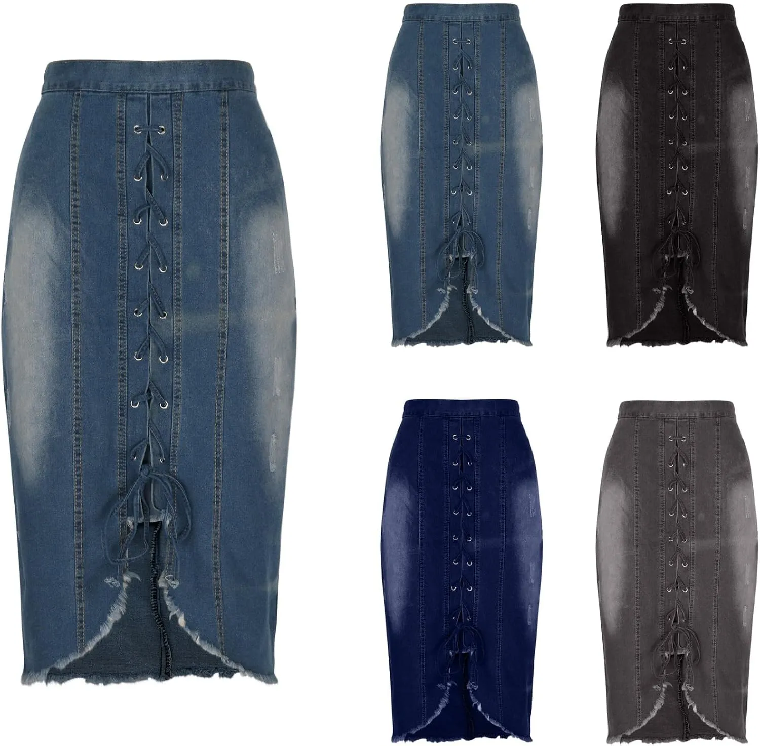 HGps8w Women's Laceup Slit Front Bodycon Denim Skirts, Vintage High Waisted Washed Casual Midi Skirt with Pockets