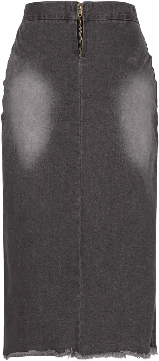 HGps8w Women's Laceup Slit Front Bodycon Denim Skirts, Vintage High Waisted Washed Casual Midi Skirt with Pockets