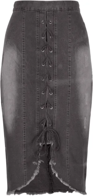 HGps8w Women's Laceup Slit Front Bodycon Denim Skirts, Vintage High Waisted Washed Casual Midi Skirt with Pockets