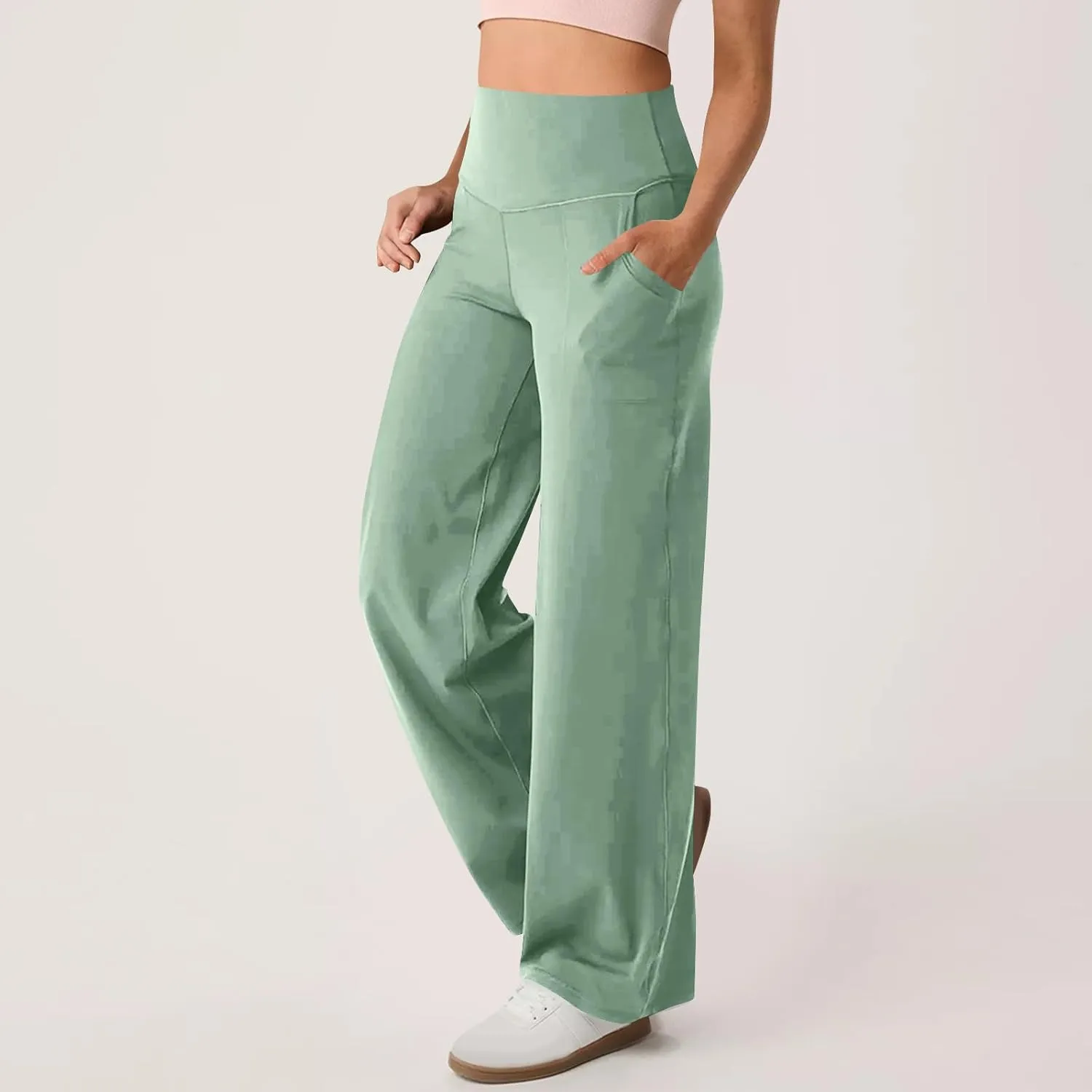 High Waist Tummy Control Pants for Women Loose Wide Leg Trousers with Pocket Comfy Workout Yoga Leggings