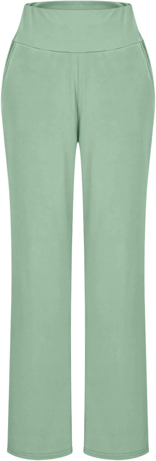 High Waist Tummy Control Pants for Women Loose Wide Leg Trousers with Pocket Comfy Workout Yoga Leggings