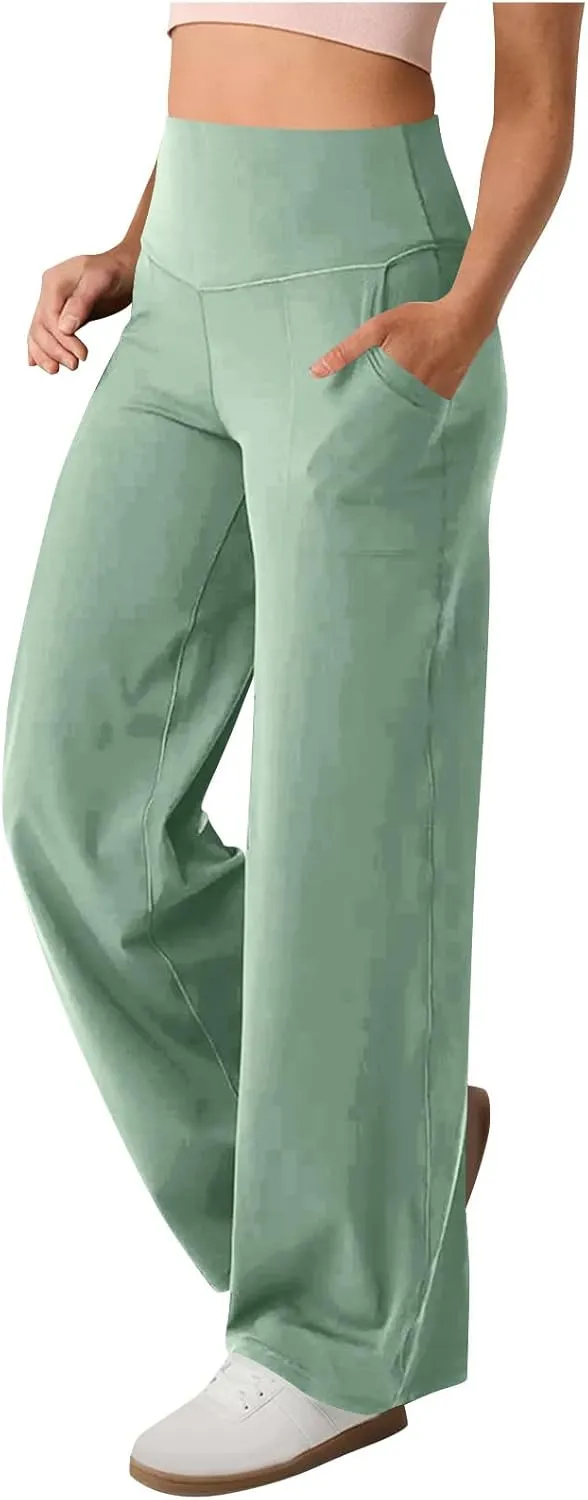 High Waist Tummy Control Pants for Women Loose Wide Leg Trousers with Pocket Comfy Workout Yoga Leggings