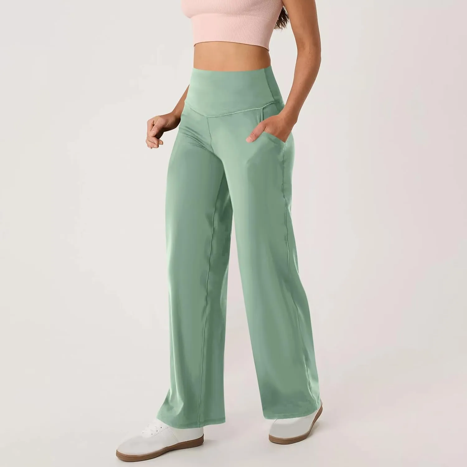 High Waist Tummy Control Pants for Women Loose Wide Leg Trousers with Pocket Comfy Workout Yoga Leggings