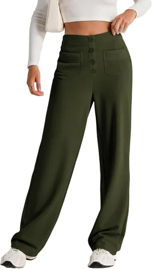 High Waist Work Pants for Women Business Work Casual Trousers Straight Leg Button Down Pants with Pockets Office Dress