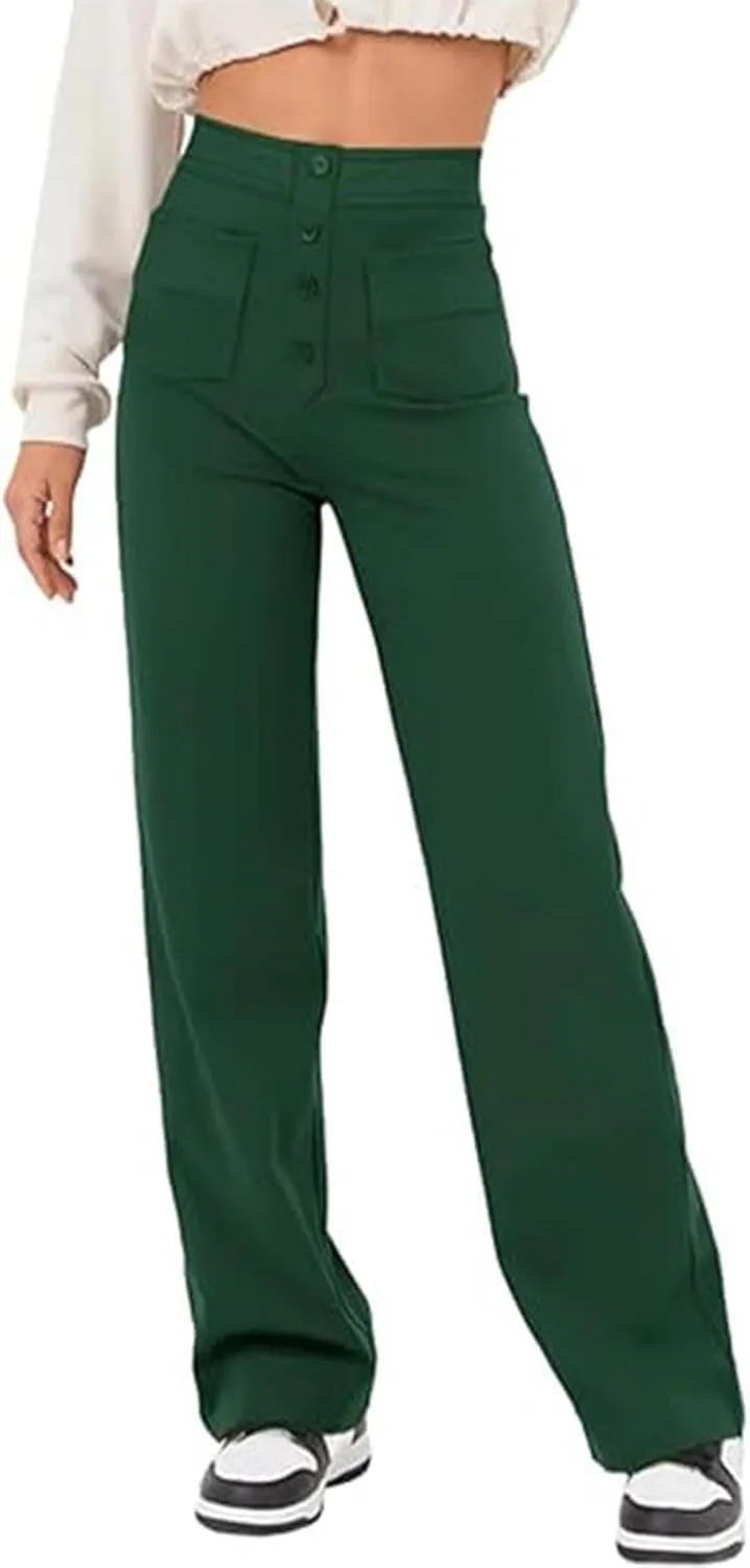 High Waist Work Pants for Women Business Work Casual Trousers Straight Leg Button Down Pants with Pockets Office Dress
