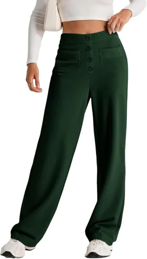 High Waist Work Pants for Women Business Work Casual Trousers Straight Leg Button Down Pants with Pockets Office Dress