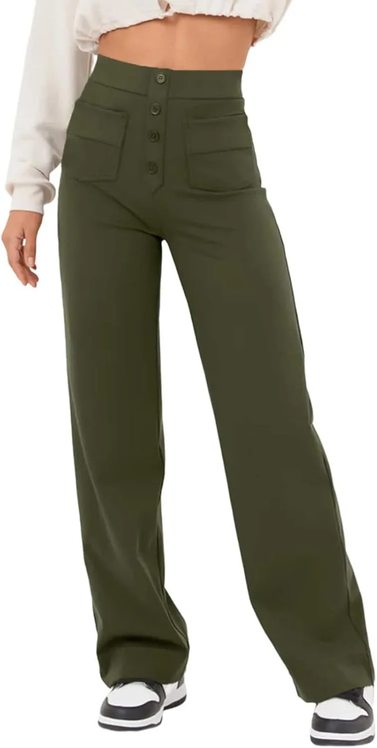 High Waist Work Pants for Women Business Work Casual Trousers Straight Leg Button Down Pants with Pockets Office Dress