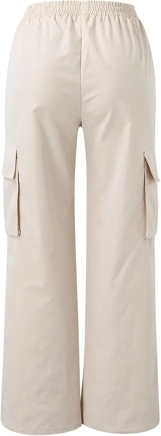 High Waisted Cargo Pants Women Elastic Waist Straight Wide Leg Trousers with Pockets Solid Color Casual Work Pants Plus Size