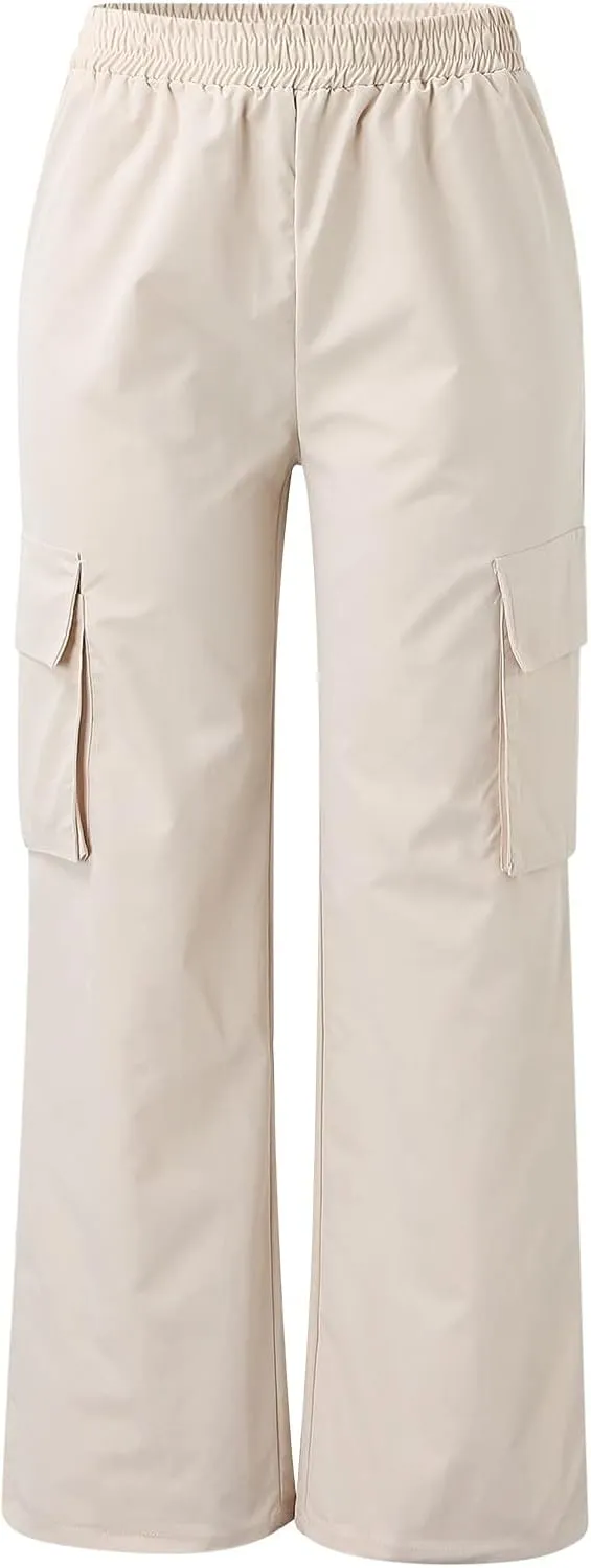High Waisted Cargo Pants Women Elastic Waist Straight Wide Leg Trousers with Pockets Solid Color Casual Work Pants Plus Size
