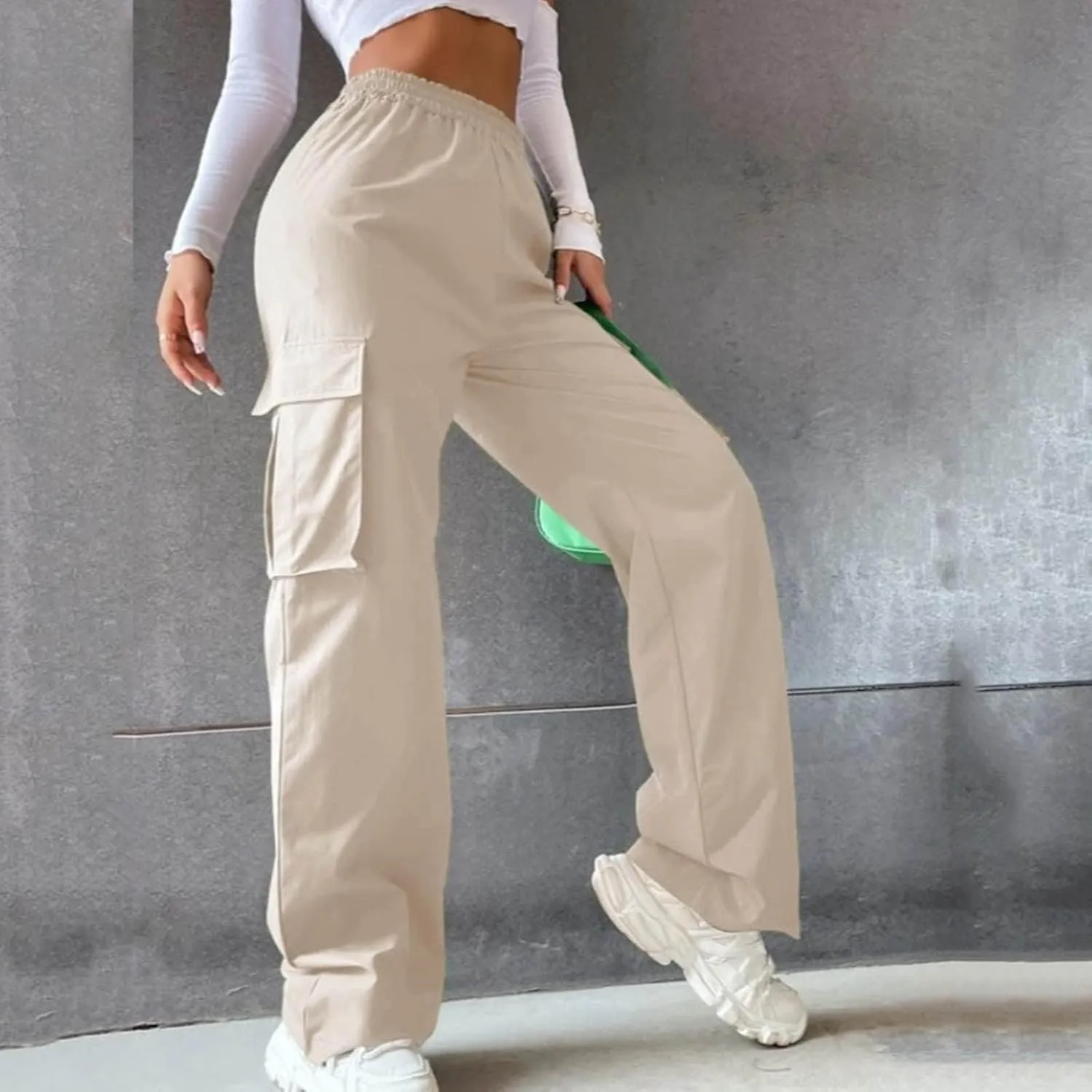 High Waisted Cargo Pants Women Elastic Waist Straight Wide Leg Trousers with Pockets Solid Color Casual Work Pants Plus Size