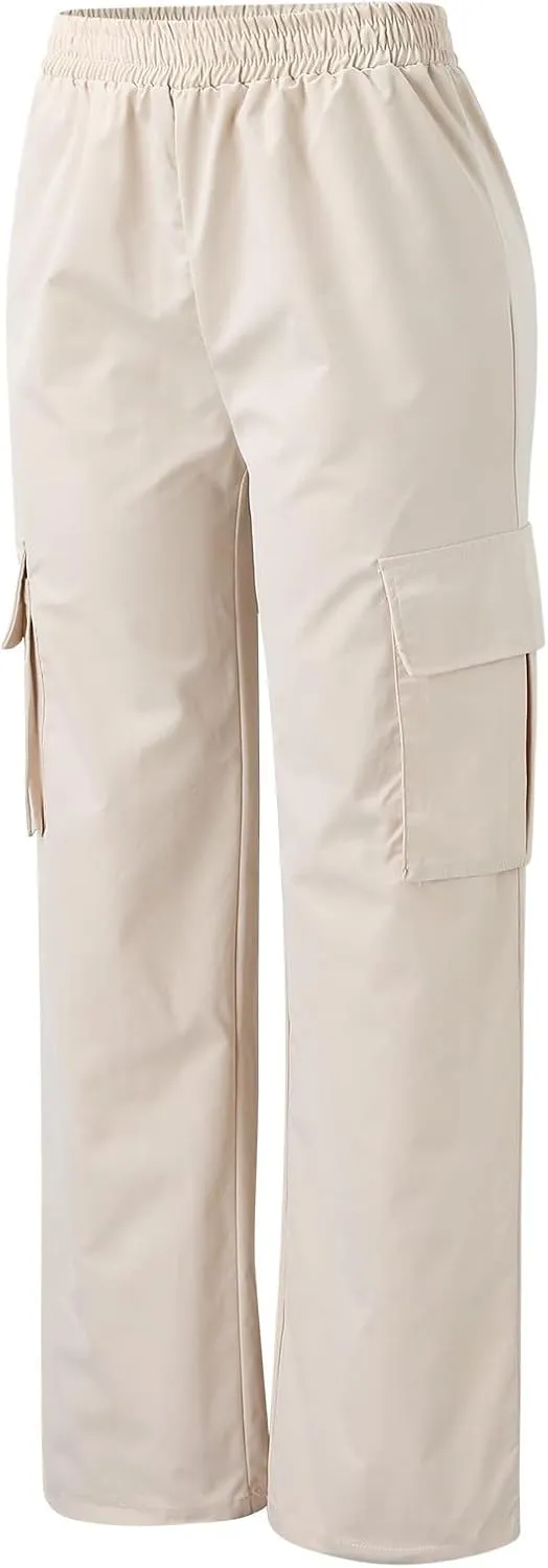 High Waisted Cargo Pants Women Elastic Waist Straight Wide Leg Trousers with Pockets Solid Color Casual Work Pants Plus Size