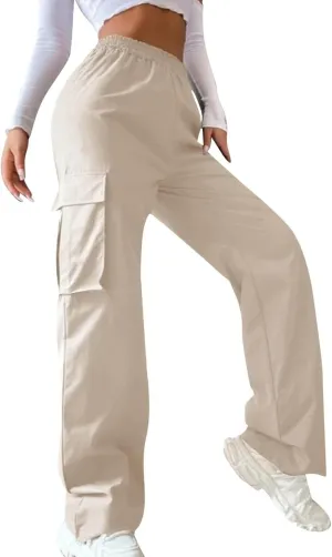High Waisted Cargo Pants Women Elastic Waist Straight Wide Leg Trousers with Pockets Solid Color Casual Work Pants Plus Size