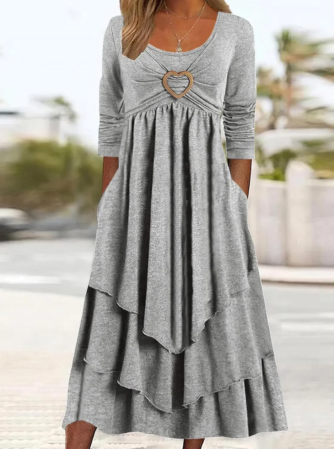 HOTYD Women's Flare Ruffle Tiered Dress Spring Long Sleeve Crew Neck Maxi Dress with Pockets Evening Dress Plus Size