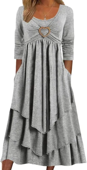 HOTYD Women's Flare Ruffle Tiered Dress Spring Long Sleeve Crew Neck Maxi Dress with Pockets Evening Dress Plus Size