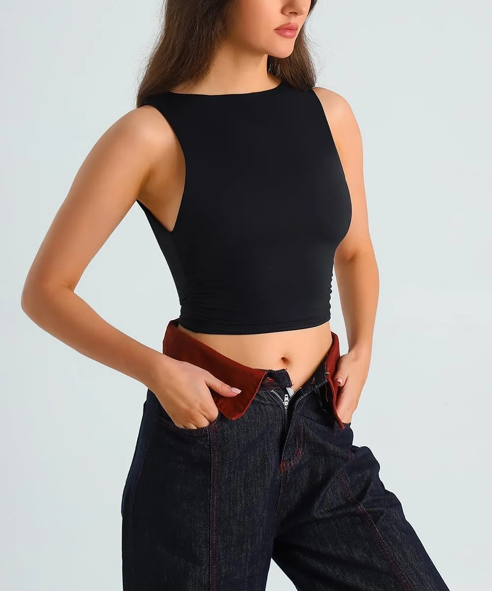 HOYAYO Women's Reversible Slim Fit Tank Top Boat Neck Sleeveless Dropped Armholes Side Ruched Double-Layer Crop Tee Shirt