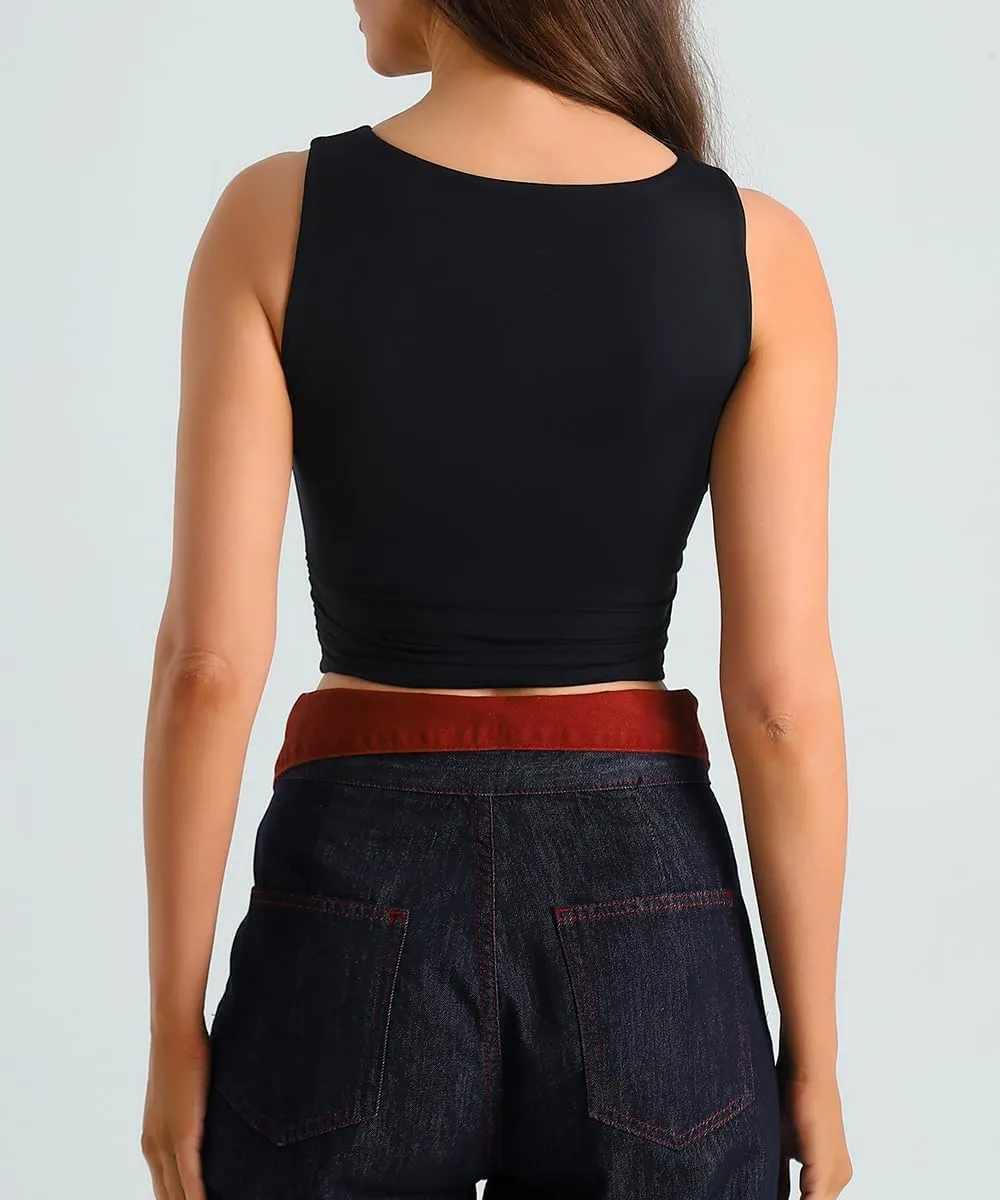 HOYAYO Women's Reversible Slim Fit Tank Top Boat Neck Sleeveless Dropped Armholes Side Ruched Double-Layer Crop Tee Shirt