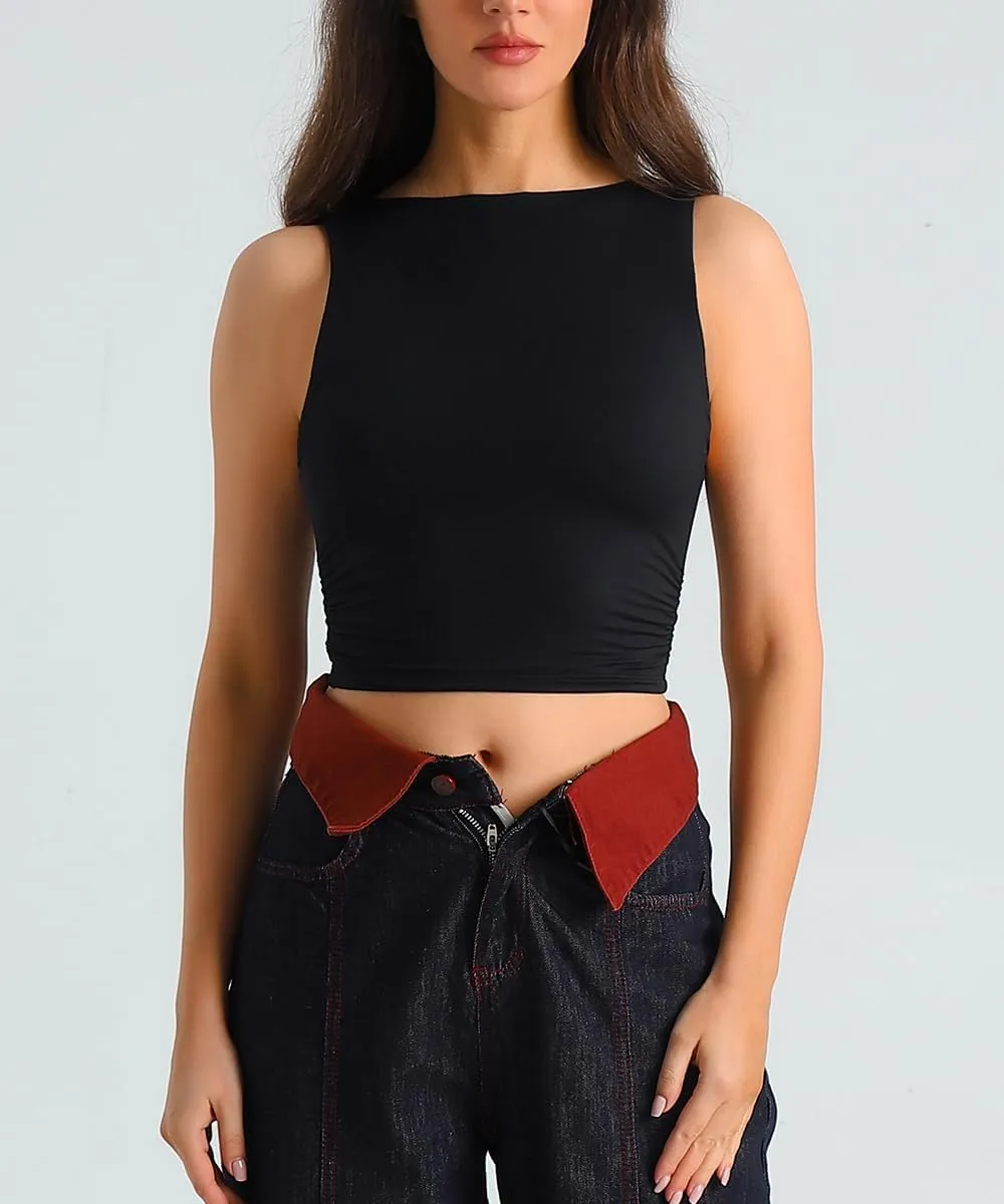 HOYAYO Women's Reversible Slim Fit Tank Top Boat Neck Sleeveless Dropped Armholes Side Ruched Double-Layer Crop Tee Shirt