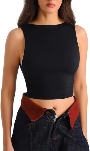 HOYAYO Women's Reversible Slim Fit Tank Top Boat Neck Sleeveless Dropped Armholes Side Ruched Double-Layer Crop Tee Shirt