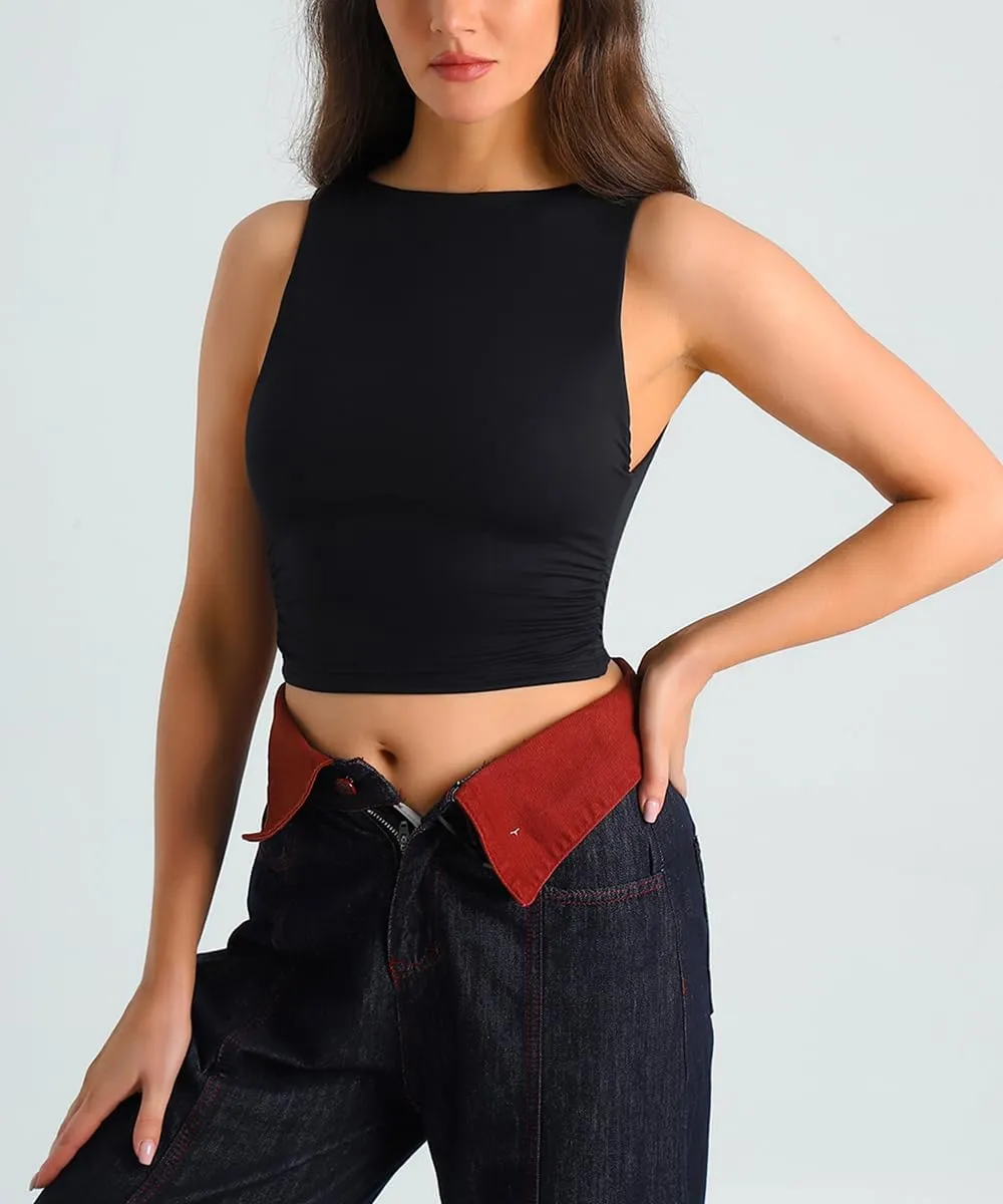 HOYAYO Women's Reversible Slim Fit Tank Top Boat Neck Sleeveless Dropped Armholes Side Ruched Double-Layer Crop Tee Shirt