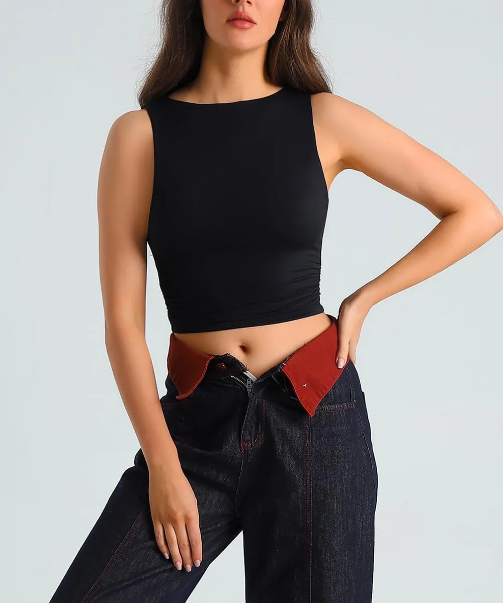 HOYAYO Women's Reversible Slim Fit Tank Top Boat Neck Sleeveless Dropped Armholes Side Ruched Double-Layer Crop Tee Shirt