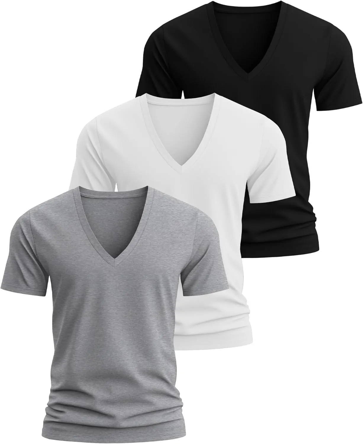 Huukeay 3 Pack Deep V Neck T-Shirts for Men Big and Tall Cotton Short Sleeve Tee Tops Slim Fit Casual Low Cut Shirts