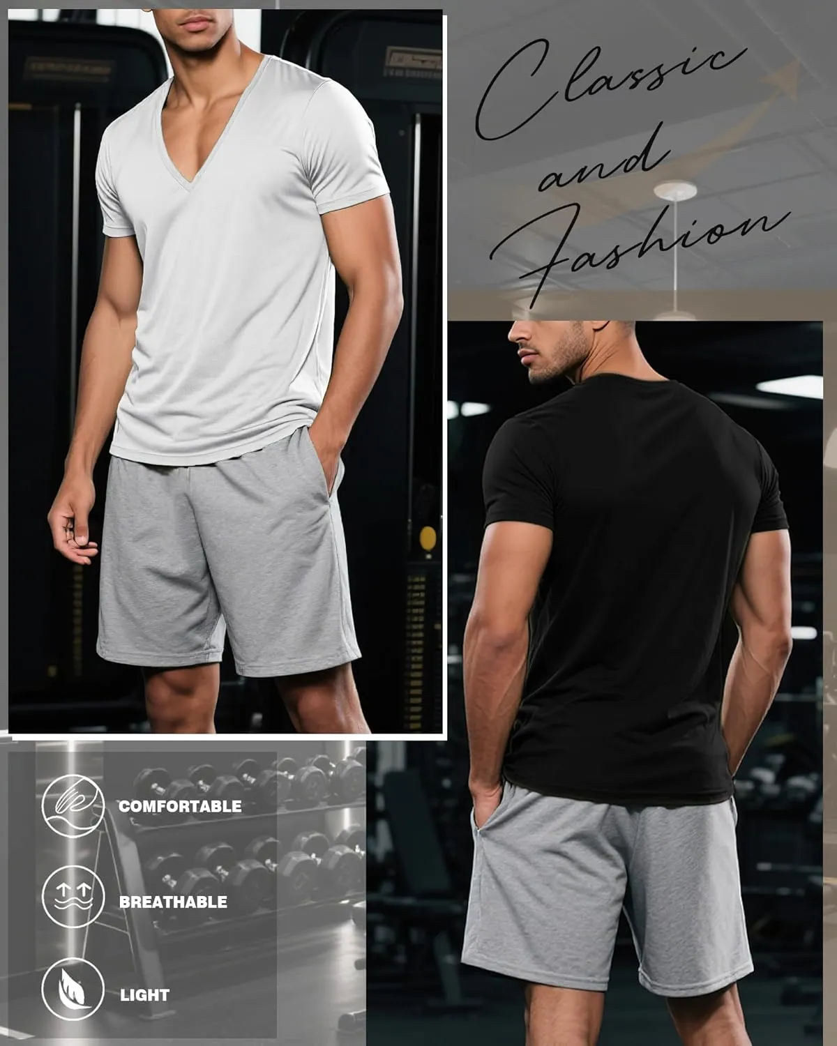 Huukeay 3 Pack Deep V Neck T-Shirts for Men Big and Tall Cotton Short Sleeve Tee Tops Slim Fit Casual Low Cut Shirts