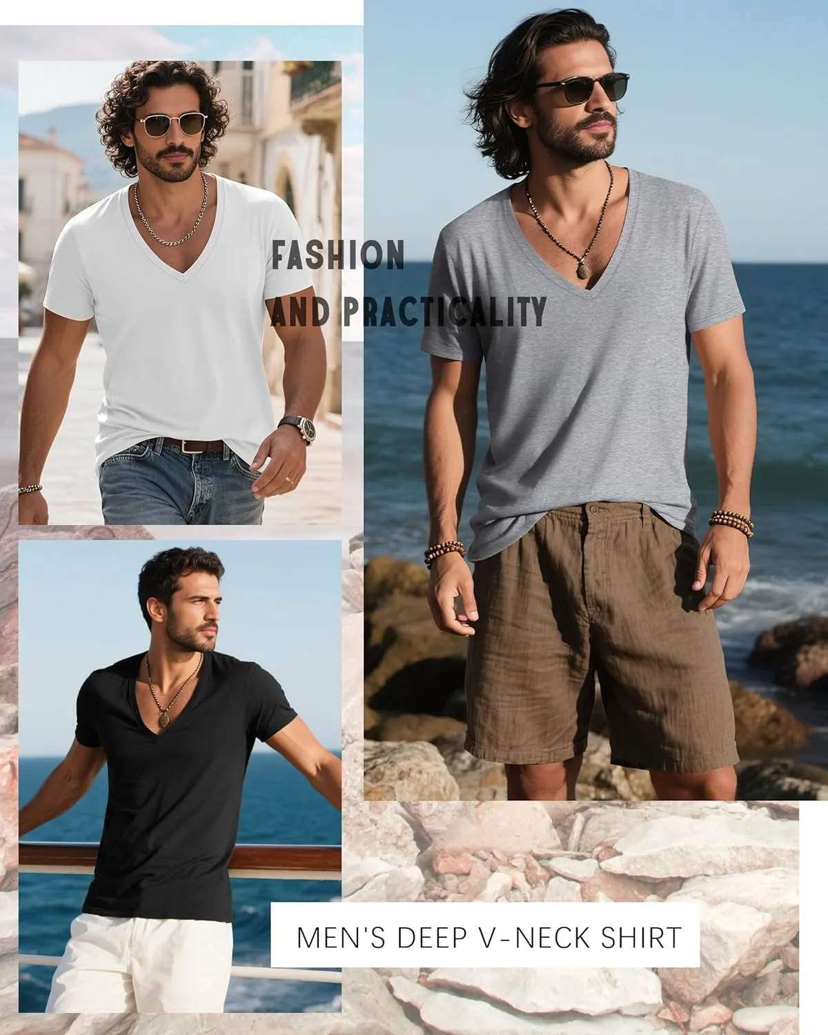 Huukeay 3 Pack Deep V Neck T-Shirts for Men Big and Tall Cotton Short Sleeve Tee Tops Slim Fit Casual Low Cut Shirts