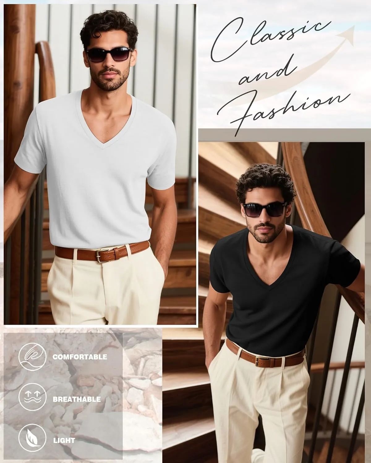 Huukeay 3 Pack Deep V Neck T-Shirts for Men Big and Tall Cotton Short Sleeve Tee Tops Slim Fit Casual Low Cut Shirts
