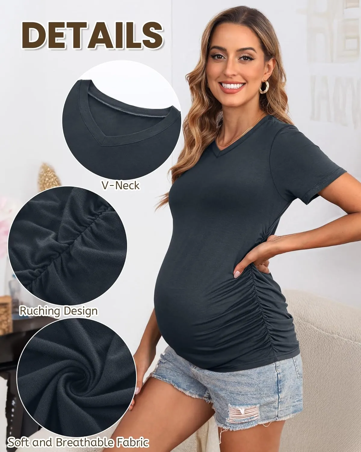 Huukeay 4 Pack Women's Maternity Shirts, V Neck Maternity Top Short Sleeve Casual Cotton Tee Side Ruched Pregnancy Clothes