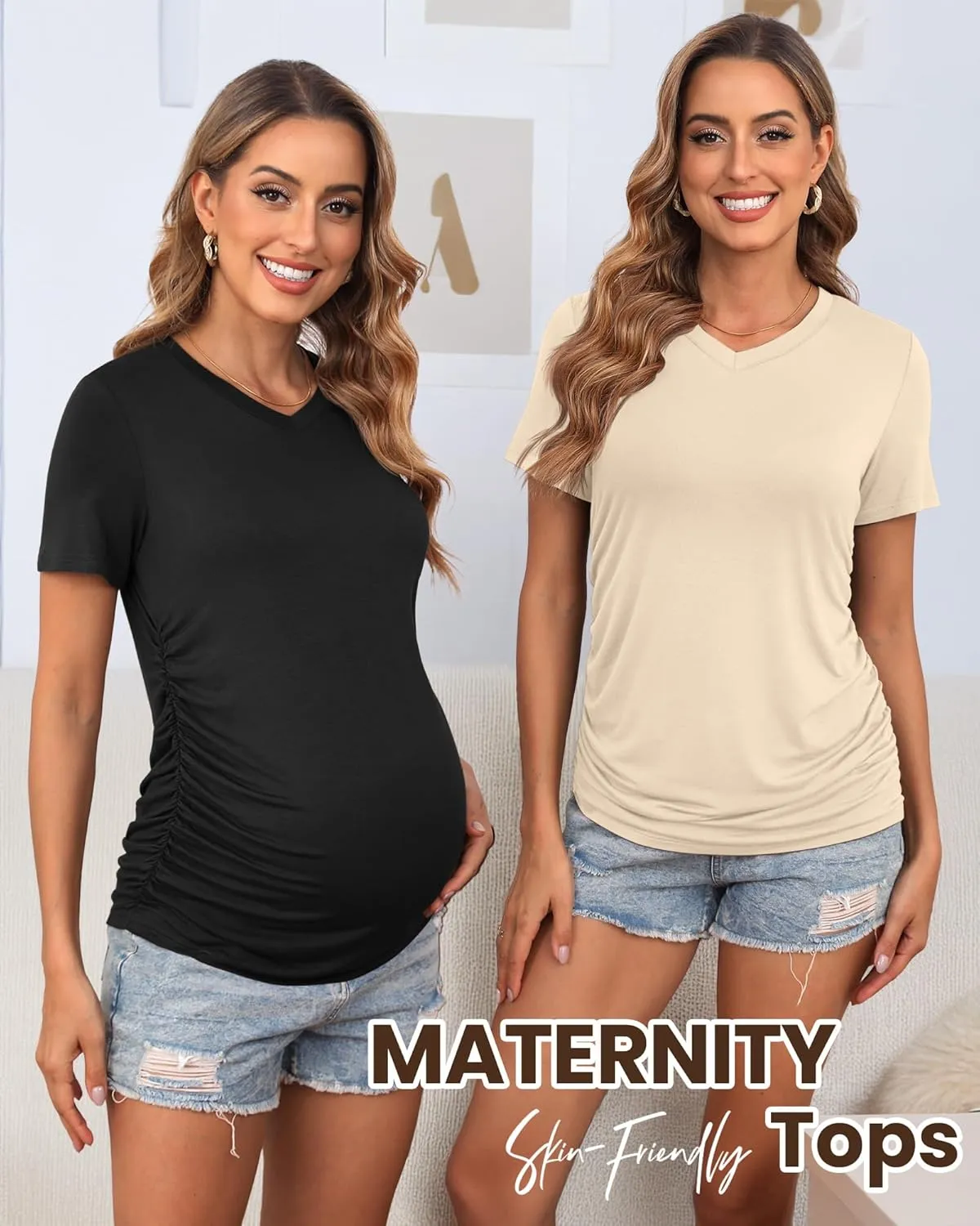Huukeay 4 Pack Women's Maternity Shirts, V Neck Maternity Top Short Sleeve Casual Cotton Tee Side Ruched Pregnancy Clothes