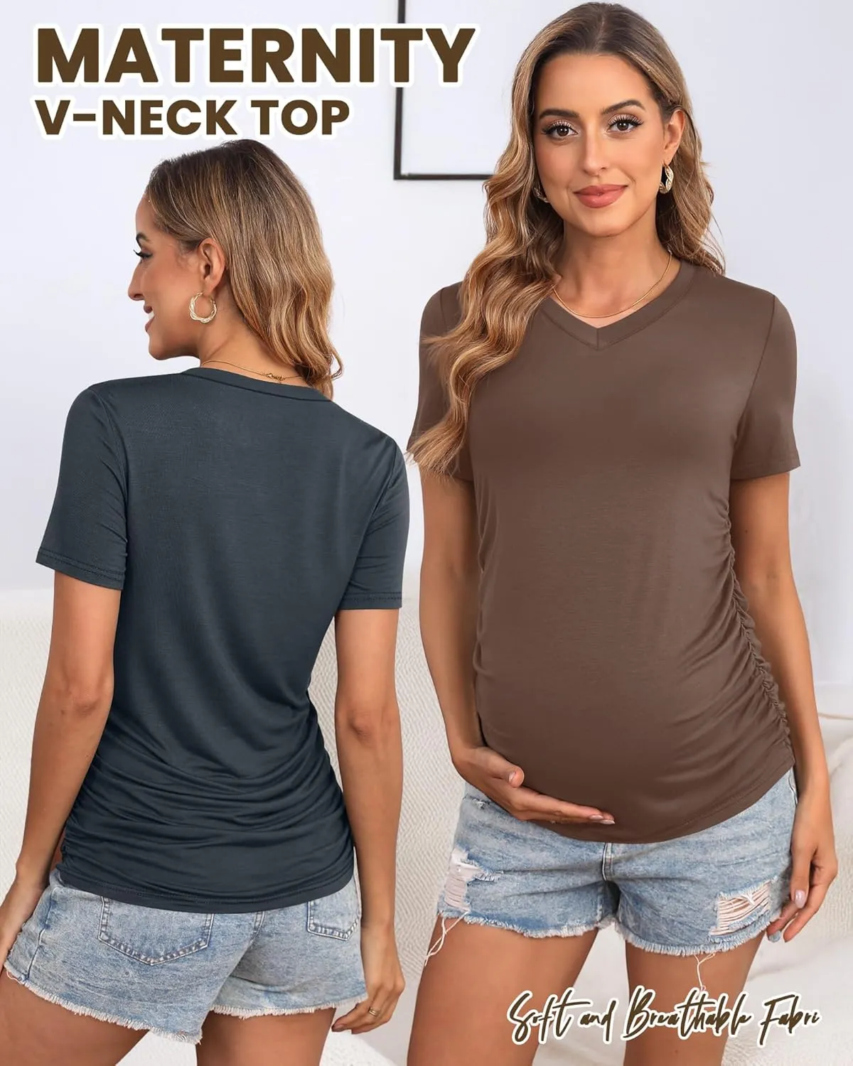 Huukeay 4 Pack Women's Maternity Shirts, V Neck Maternity Top Short Sleeve Casual Cotton Tee Side Ruched Pregnancy Clothes