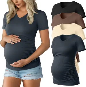 Huukeay 4 Pack Women's Maternity Shirts, V Neck Maternity Top Short Sleeve Casual Cotton Tee Side Ruched Pregnancy Clothes