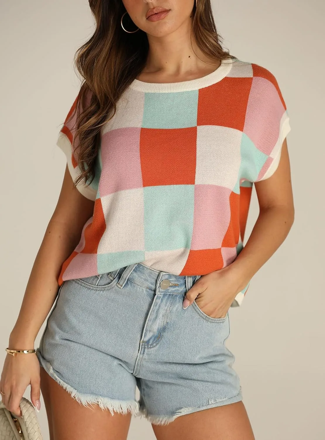IRISGOD Womens Cap Sleeve Knit Tops Summer Short Sleeve Sweater Vest Color Block Crop T-Shirts