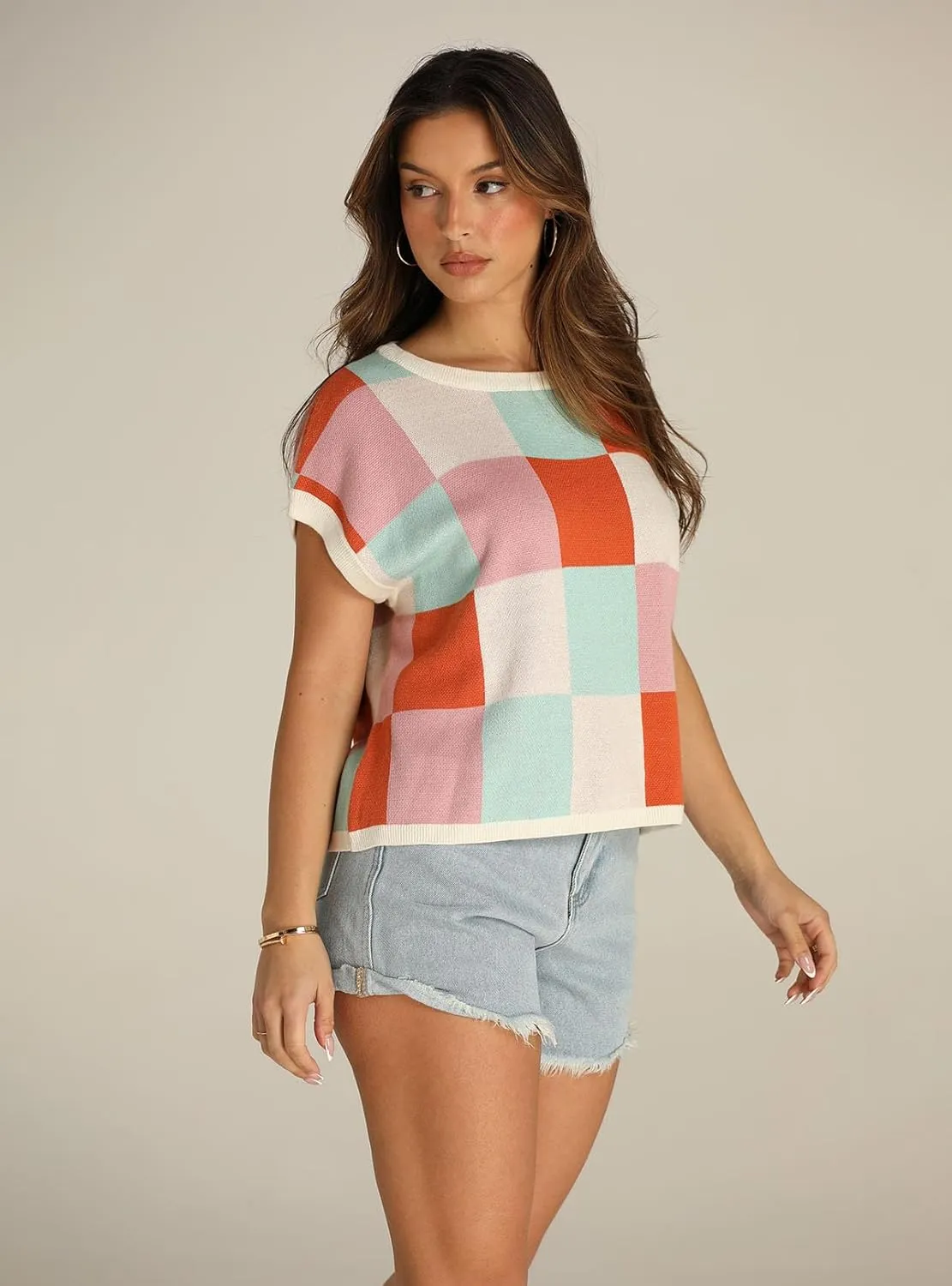 IRISGOD Womens Cap Sleeve Knit Tops Summer Short Sleeve Sweater Vest Color Block Crop T-Shirts