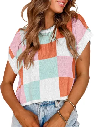IRISGOD Womens Cap Sleeve Knit Tops Summer Short Sleeve Sweater Vest Color Block Crop T-Shirts