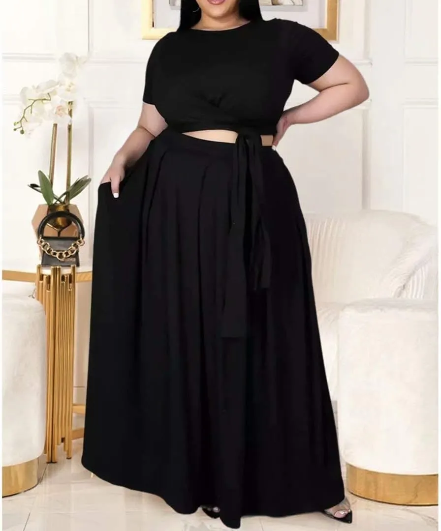 IyMoo Womens Plus Size 2 Piece Dress Outfits Short Sleeve Bandage Wrap Empire Crop Tops and Skirt Sets