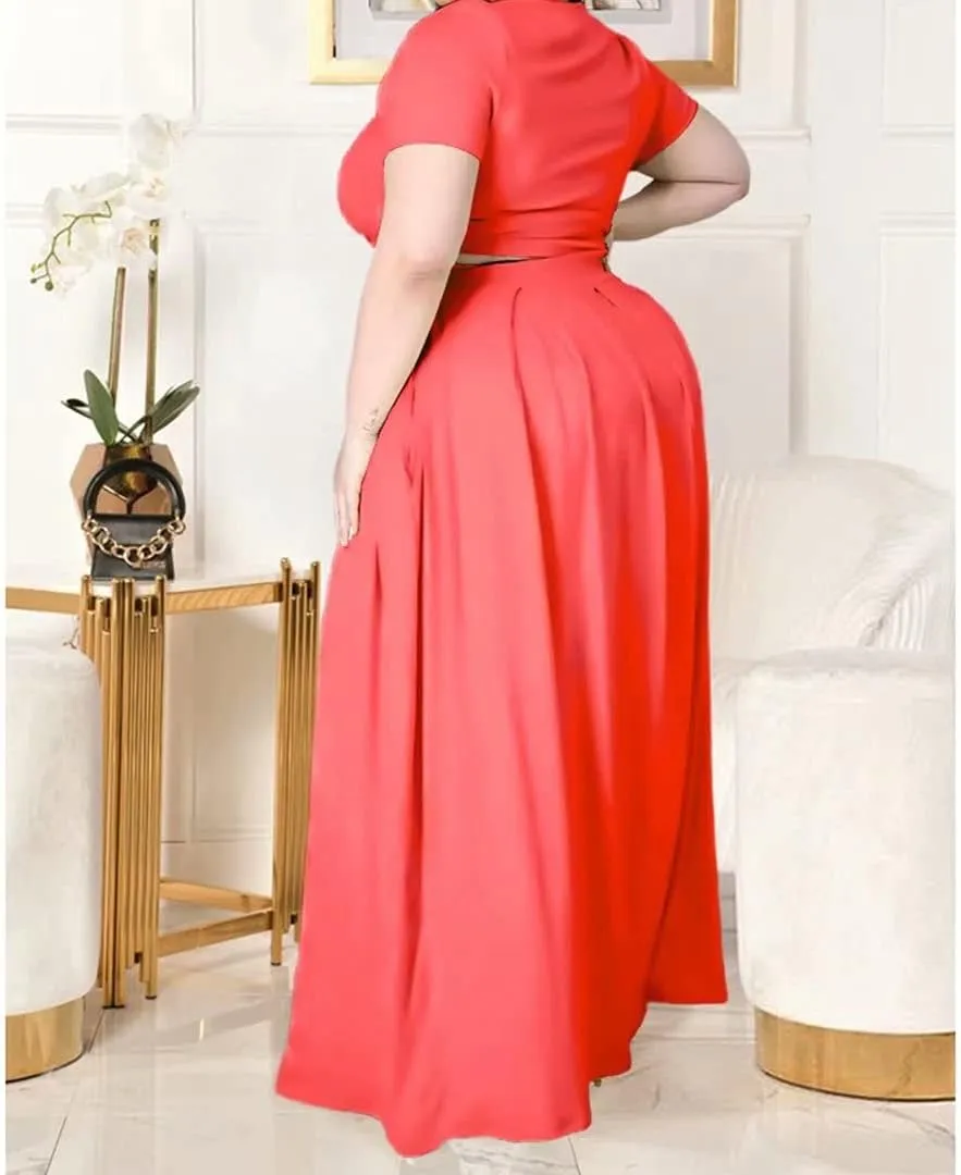 IyMoo Womens Plus Size 2 Piece Dress Outfits Short Sleeve Bandage Wrap Empire Crop Tops and Skirt Sets