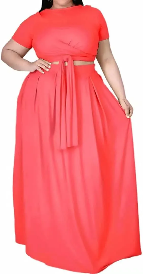 IyMoo Womens Plus Size 2 Piece Dress Outfits Short Sleeve Bandage Wrap Empire Crop Tops and Skirt Sets