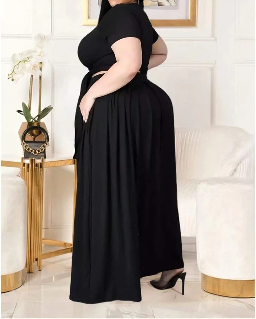 IyMoo Womens Plus Size 2 Piece Dress Outfits Short Sleeve Bandage Wrap Empire Crop Tops and Skirt Sets