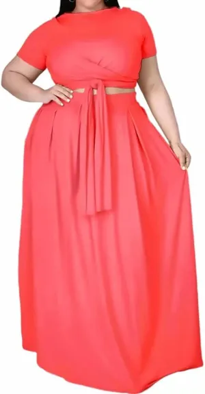 IyMoo Womens Plus Size 2 Piece Dress Outfits Short Sleeve Bandage Wrap Empire Crop Tops and Skirt Sets