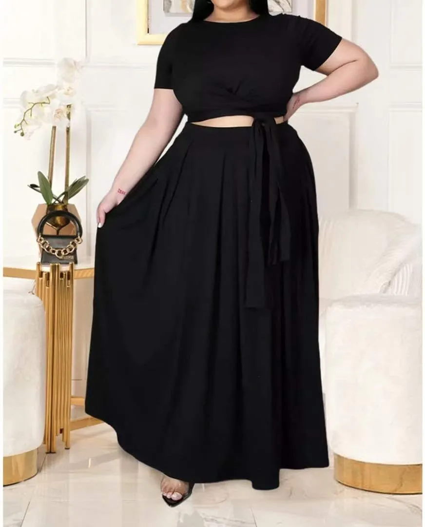 IyMoo Womens Plus Size 2 Piece Dress Outfits Short Sleeve Bandage Wrap Empire Crop Tops and Skirt Sets